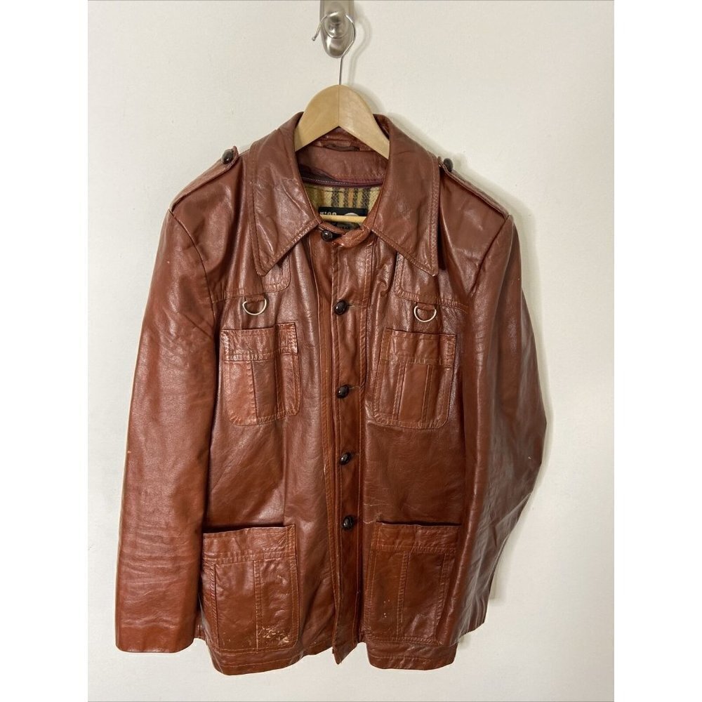 Vintage Rice Sports Wear 70s Men 42 Brown Leather‎ Hipster Mod Disco Plaid Coat